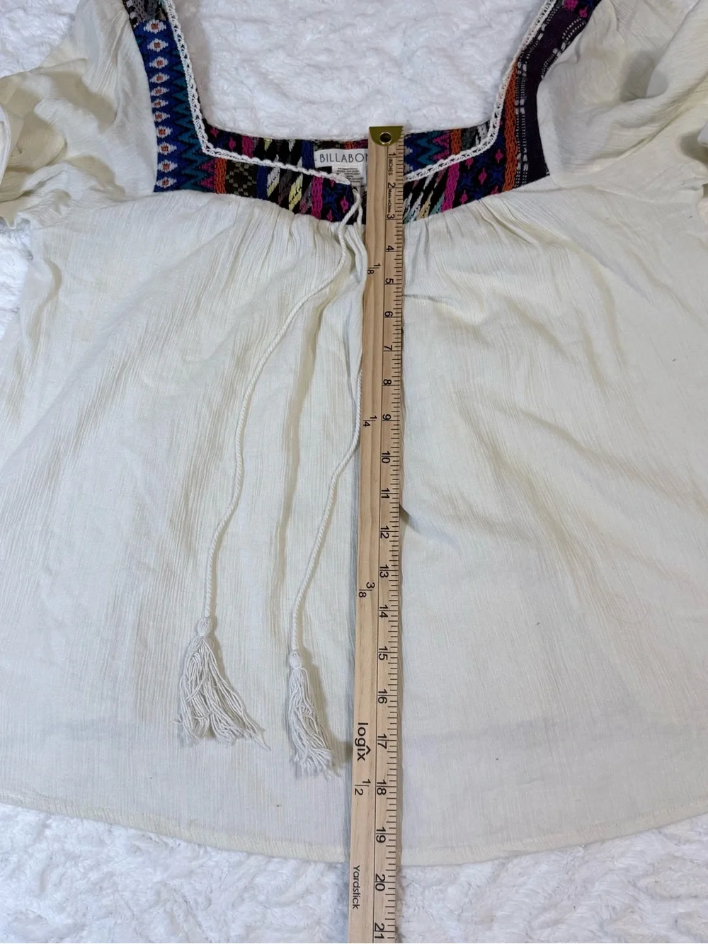 Billabong White Peasant Blouse with Multicolor Embroidered Square Neck- Size L - Picture 11 of 15